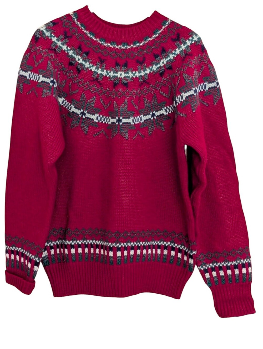 Allen Solly Classic Red Fair Isle Knit Sweater Women's L Wool Cozy Nordic Red